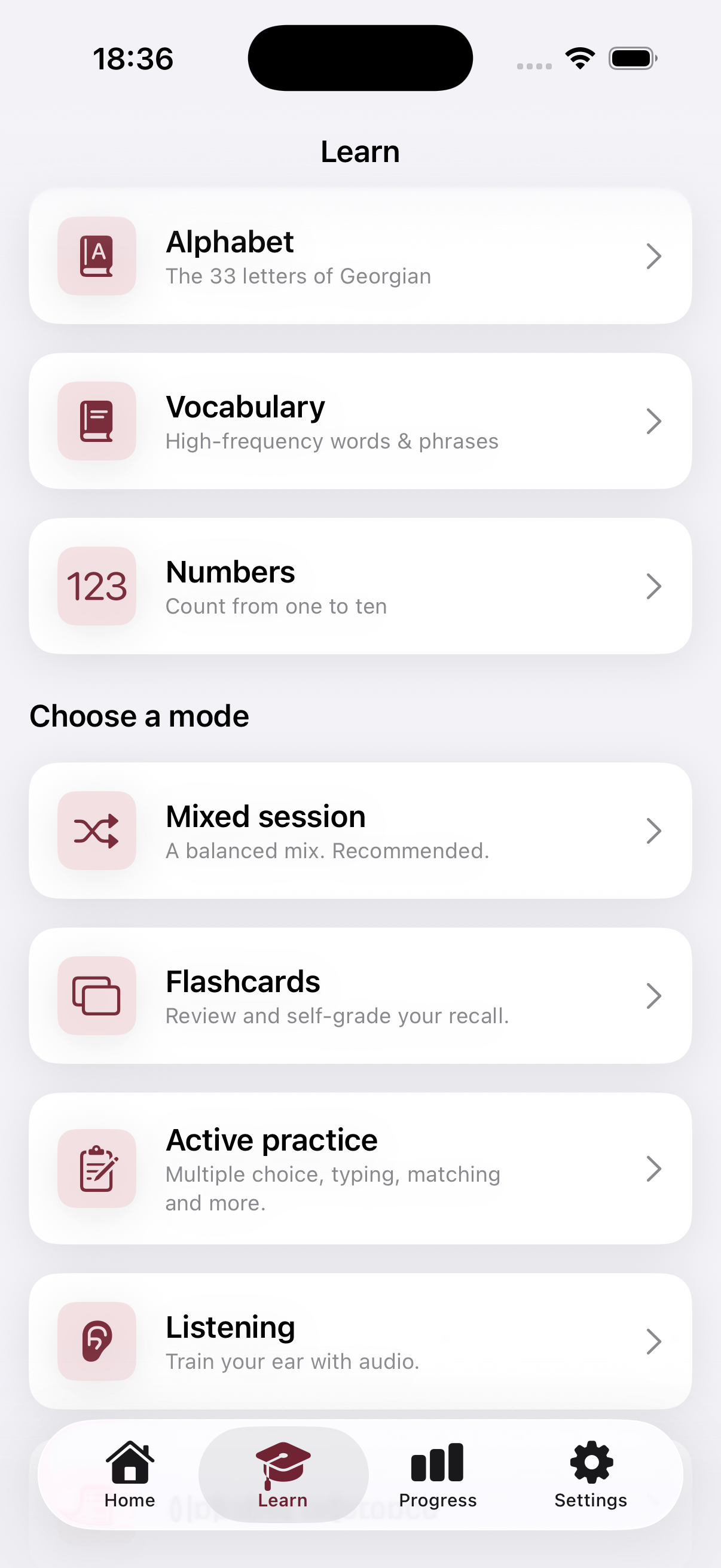 Learn hub with alphabet, vocabulary, numbers and modes
